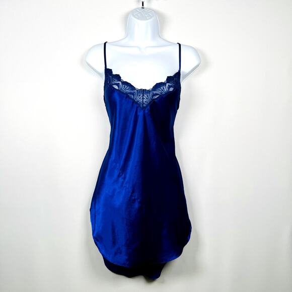 Victoria's Secret Other - Vintage 80s Victoria's Secret Gold Label Blue Satin Slip Chemise Dress Size L